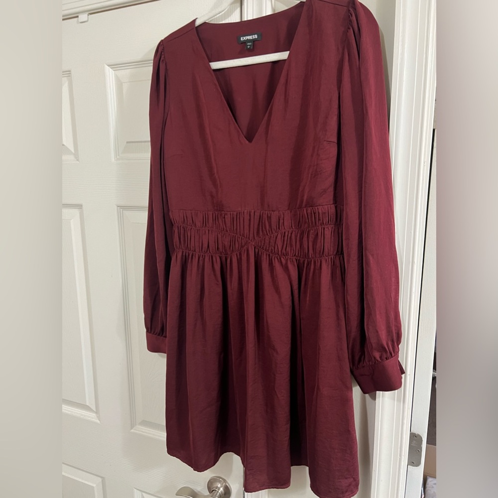 EXPRESS: SATIN SMOCKED WAIST LONG SLEEVE DRESS